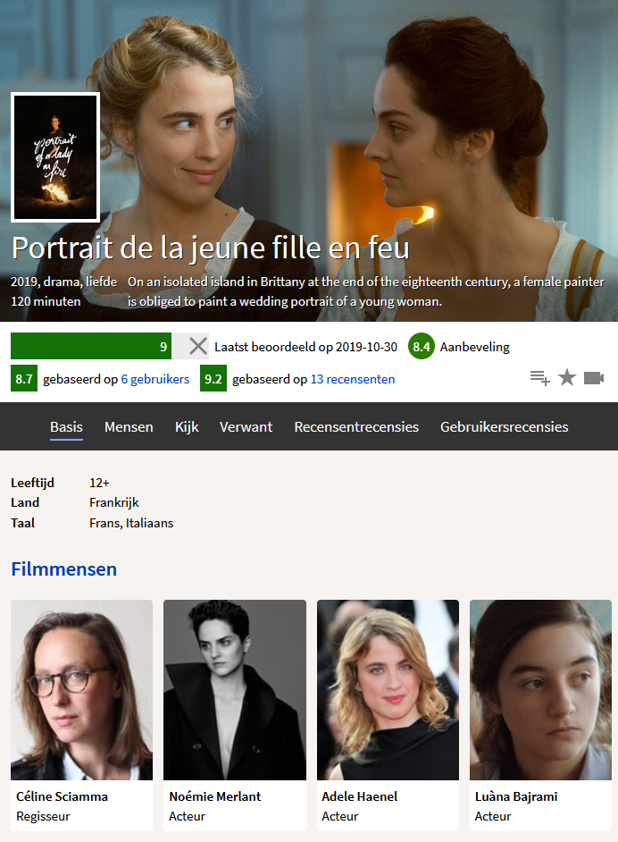 Schermafbeelding van de filmpagina voor Portrait de la jeune fille en feu met de leeftijdsbeperking, landen, en talen in het midden.