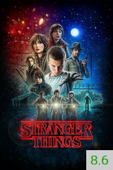 Poster van Stranger Things met een gemiddelde beoordeling van 8.6.