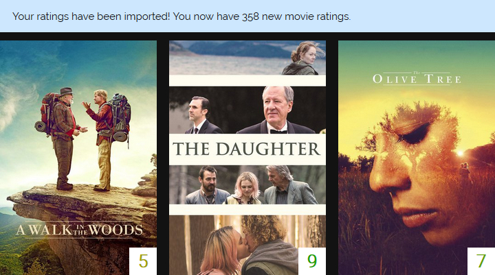 Screenshot of ratings imported from Letterboxd.