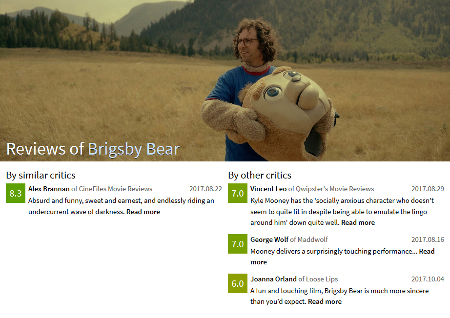 Design 11: screenshot of the new review page for Brigsby Bear where the background is white and the colored squares showing the ratings are larger.