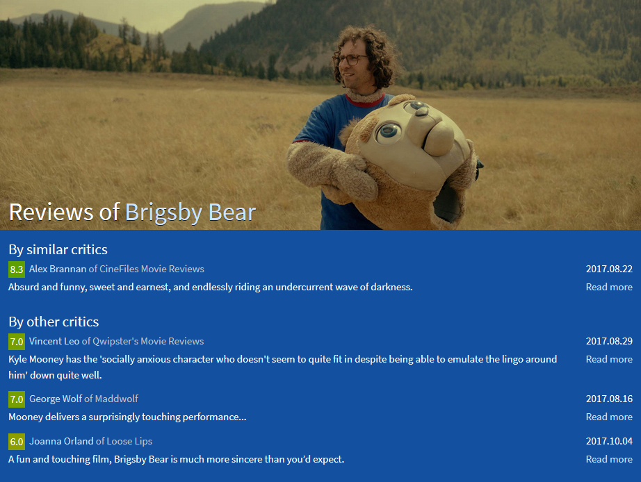 Design 10: screenshot of the old review page for Brigsby Bear where the background is blue.
