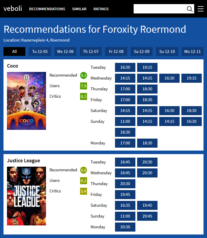 Screenshot of Recommendations in the cinema showing the two movies Coco and Justice League, including their recommendation and showtimes at the movie theater Foroxity Roermond.