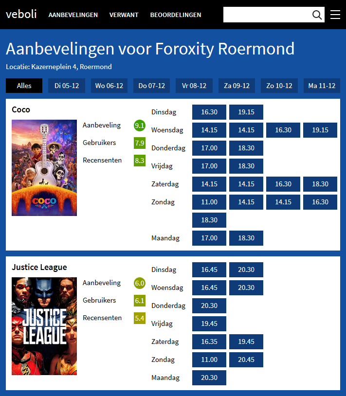 Schermafdruk van Aanbevelingen in de bioscoop met de twee films Coco en Justice League, inclusief hun aanbeveling en speeltijden voor de bioscoop Foroxity Roermond.