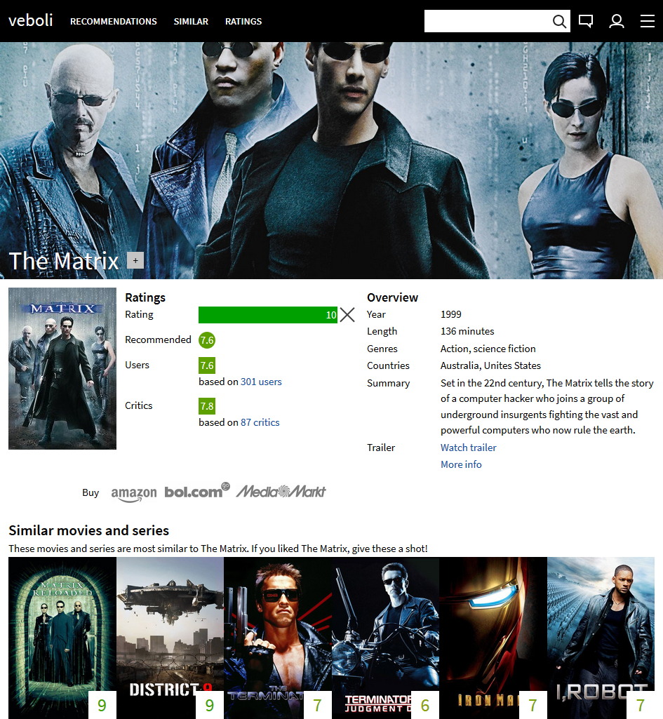 Design 11: screenshot of the old movie page for The Matrix. There is a background image from The Matrix above, followed by a lot of not well-structured information about the movie.Design 12: screenshot of the new home page for when you are logged in. There are recent ratings of friends and previews for specific recommendations.