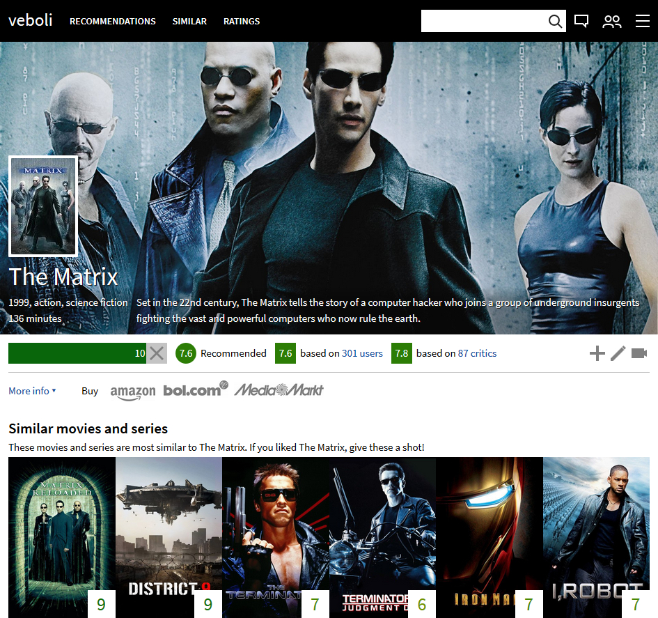 Design 11: screenshot of the old movie page for The Matrix. There is a background image from The Matrix above, followed by a lot of not well-structured information about the movie.DDesign 12: screenshot of the new home page for when you are logged in. There are recent ratings of friends and previews for specific recommendations.