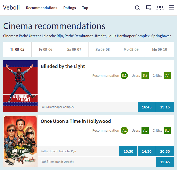 Image of the recommendations in the cinema page with the movies Blinded by the Light and Once Upon a Time in Hollywood being recommended for a user in Utrecht.