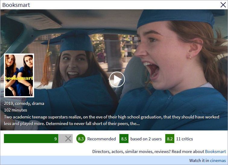 Image of the preview showing Booksmart, with a link to movie theaters in which it is playing in the bottom right.