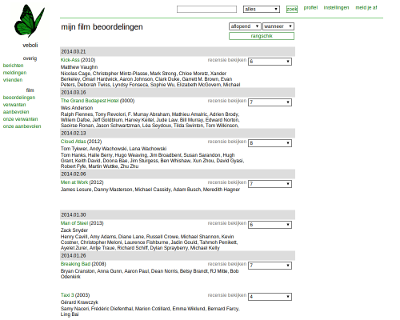 Ontwerp 0: schermafdruk van een oude beoordelingenpagina. De pagina zit links en bestaat uit een witte achtergrond met zwarte, grijze, en groene elementen. Er is een navigatiebalk boven en eentje links en er zijn nog geen posters voor films.