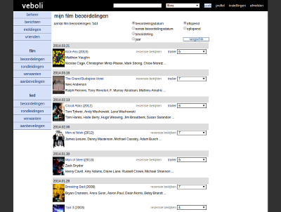 Design 1: screenshot of an old ratings page. The page is centered above a gray background and is made up of a white background with black, gray, and blue elements. There's a navigation bar on the top and one on the left and there are now posters for the movies.