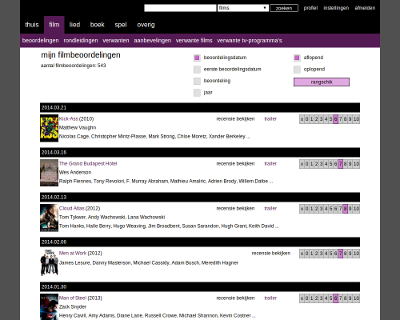 Design 2: screenshot of an old ratings page. The page is centered above a gray background and is made up of a white background with black, gray, and purple elements. There are two navigation bars on top.