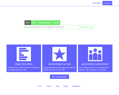 Ontwerp 3: schermafdruk van de nieuwe thuispagina. De pagina bestaat uit een witte achtergrond met blauwe, groene, en grijze elementen en bevat veel minder tekst.