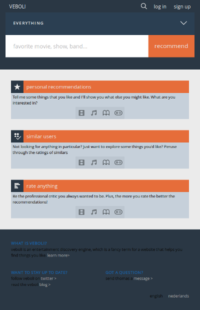 Design 5: screenshot of the new homepage for medium screens. The dominant colors are light shades of gray and muted shades of dark blue, with orange being used to accent important elements.