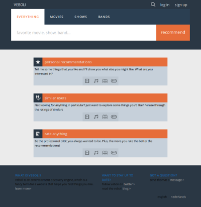 Design 5: screenshot of the new homepage for large screens. The dominant colors are light shades of gray and muted shades of dark blue, with orange being used to accent important elements.