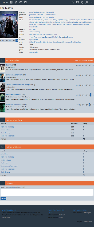 Design 5: screenshot of the old movie page for The Matrix. The parts are organized in light gray boxes with an orange bar at the top.