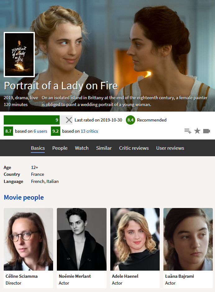 Screenshot of the movie page for Portrait of a Lady on Fire with the age restriction, countries, and languages in the middle.
