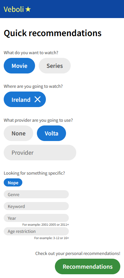 Screenshot of a movie lover in Ireland using Quick recommendations to find a great movie to watch on Volta.