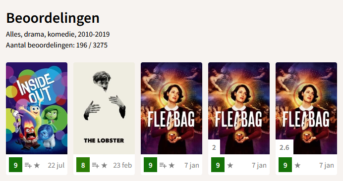 Schermafbeelding van alle soorten beoordelingen: film, seizoen, en aflevering.