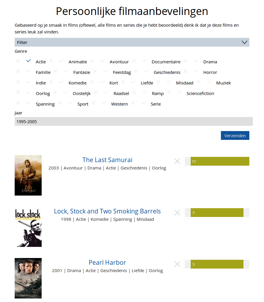 Schermafdruk van de aanbevelingenpagina waar gezocht wordt naar actiefilms uit 1995-2005.