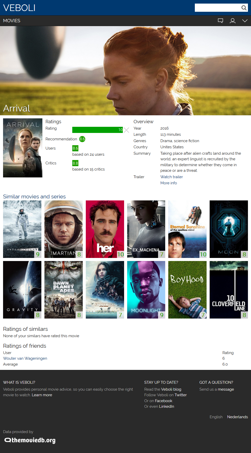 Design 8: screenshot of the old movie page for Arrival where the background is white.