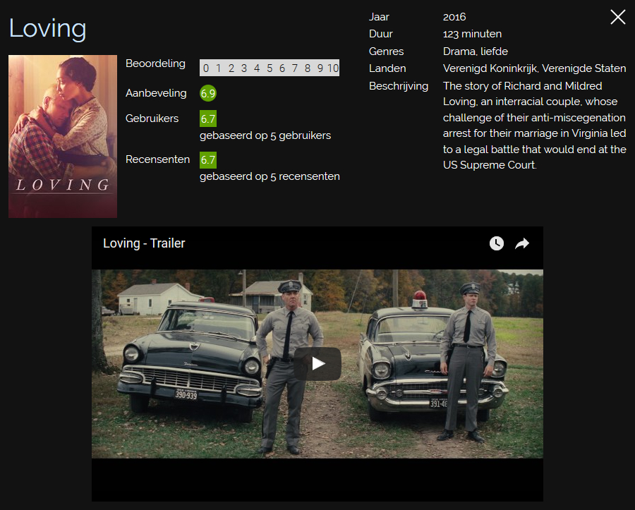 Schermafdruk van meer informatie over de film Loving.