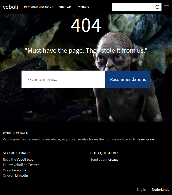 404 page for Veboli with an image of Gollum from the movie The Hobbit: An Unexpected Journey and the possibility to search for recommendations.
