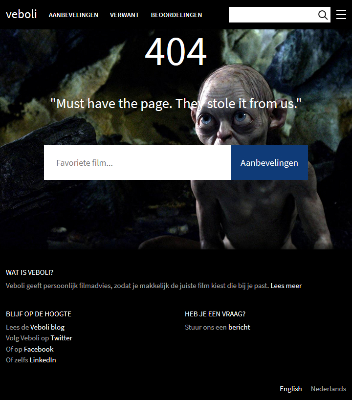404-pagina voor Veboli met een afbeelding van Gollem uit de film The Hobbit: An Unexpected Journey en de mogelijkheid om te zoeken naar aanbevelingen.