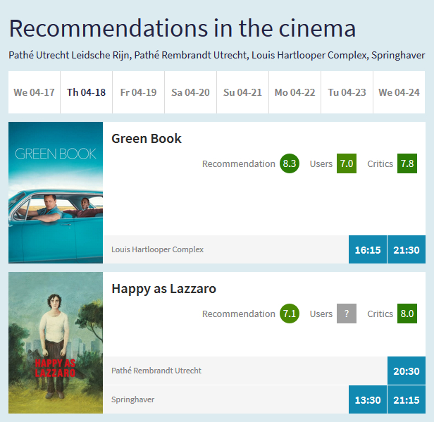 Image of the new recommendations in the cinema page with the movies Green Book and Happy as Lazzaro being recommended.
