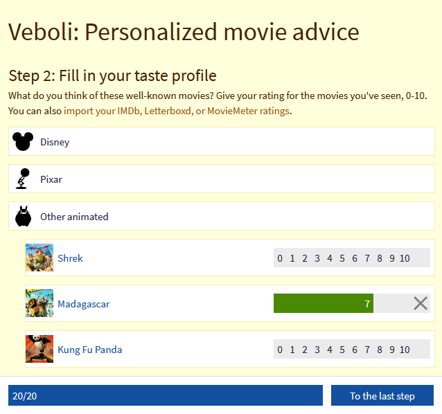 Image of the new page for filling in your taste profile when you register.
