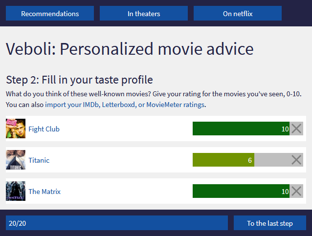Image of the old page for filling in your taste profile when you register.